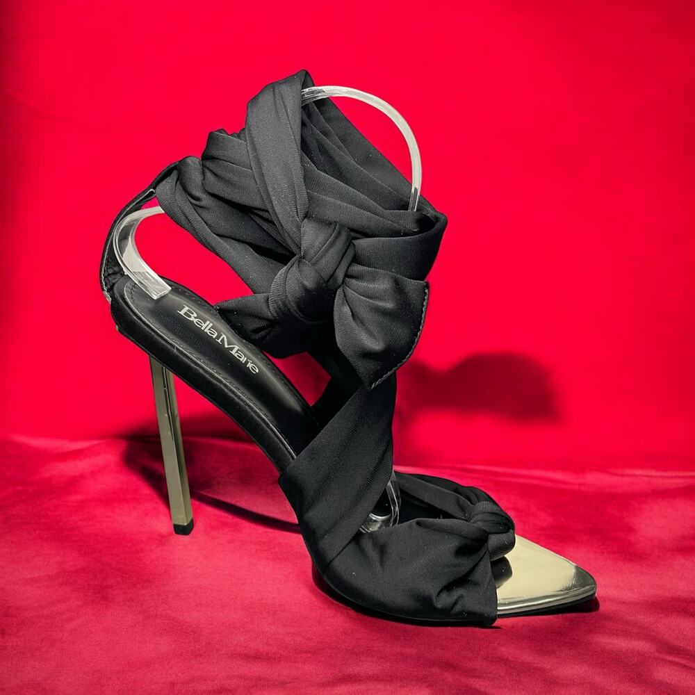 Bella Marie Black Ribbon Stiletto Heels Gold Toe Size 8.5 Elegant Evening Shoes